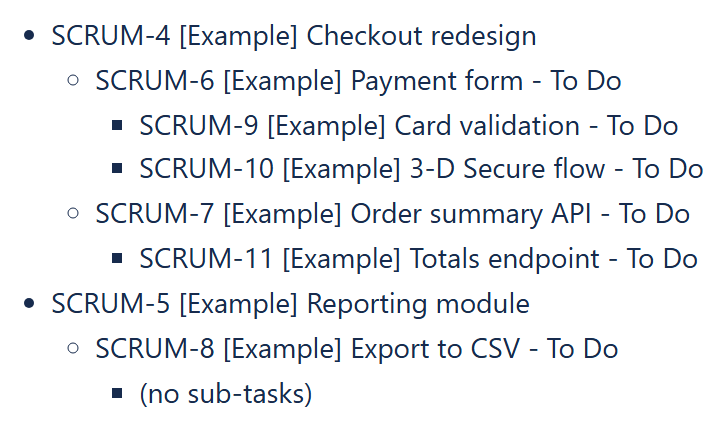 Reporting List View tree: Epics, their Stories and the Sub-tasks of each Story with status