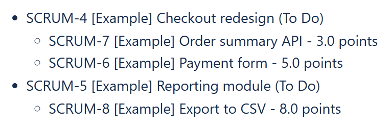 Two-level list of Jira Epics with their Stories and story points